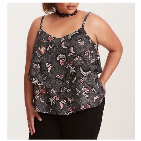 Torrid |  Georgette Black Floral Layered Crisscross Cami Tank Sz. 00 - Picture 1 of 7
